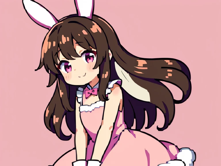 Cute shota girl, thick hair, bunny clothes, pink dress, cute background, high quality, happy face 