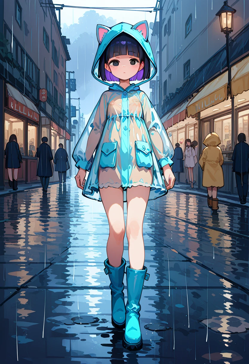 1girl,solo,li,11arsold,short stature,flat breasts,black hair,purple inner hair,bob cut,bow-shaped hair,blunt bangs,black eyes,blue cat raincoat,put on hood,button closed raincoat,see-through raincoat,see-through nipples,rain boots,street,rainy,stressed,blush,walking,looking away,from below