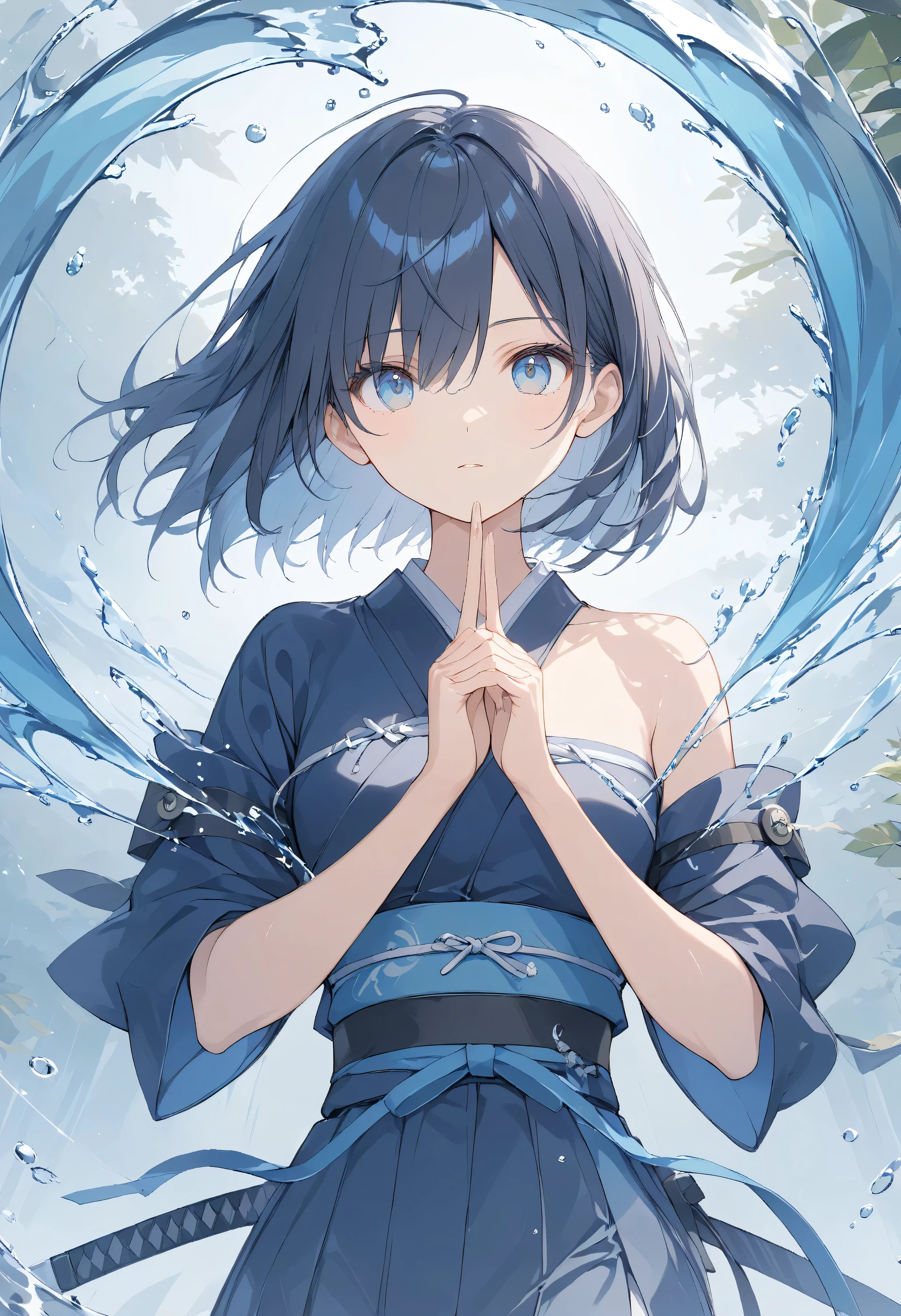 masterpiece, high quality, high resolution, 16K, super detailed background, anime, Makoto Shinkai illustration, digital painting, kunoichi girl, hands standing together in front of chest, index and middle fingers together, manipulating water, swirling, water splashing, transparent blue short cut hair, hair over one eye, ninja outfit , shin guards, samurai shoes, big eyes, long eyelashes, beautiful eyes, fair skin, bare shoulders, small breasts, deep misty forest,