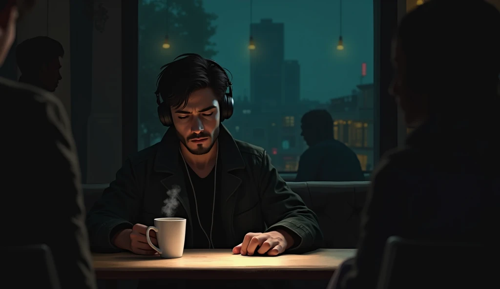 Realistic illustration of a man in closeup, expression of discouragement, jaded, Messy hair, a television with netflix, a coffee table with beers and mess.