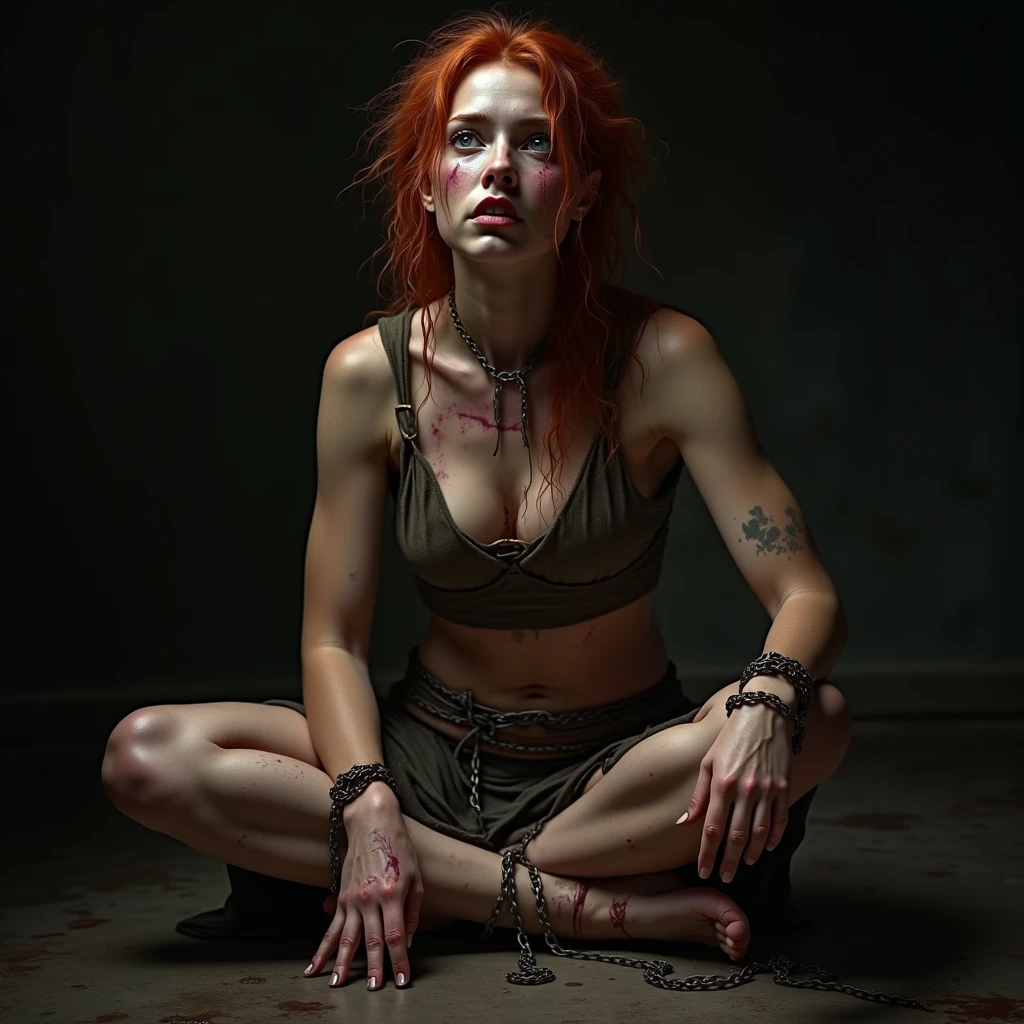woman in electric chair, bound to electric chair, restrained, restraints on wrists, heavy bondage, electrodes on body, wires, woman being electrocuted, dying, convulsing, panicked, struggling, tense, muscles tense, execution, spanish woman, short ginger curly hair, blue eyes, coils, young, naked, septum piercing, dimples, freckles, thick belt around neck, naughty expression, close-up, UHD, retina, masterpiece, accurate, anatomically correct, textured skin, super detail, high details, high quality, award winning, best quality, highres

