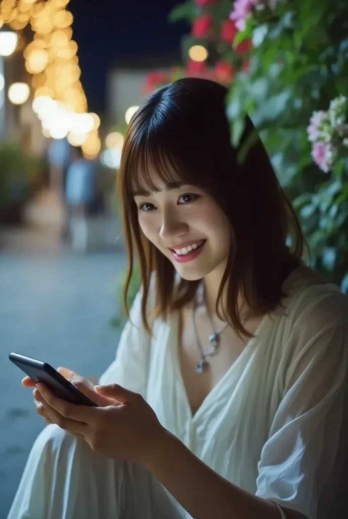  beautiful woman, Illuminated street at night, Fidget with your phone ,  hot pants,  fragrant pink flowers, Passersby, Night view gradation,  details, Subtle Tones, Silence on the screen .  