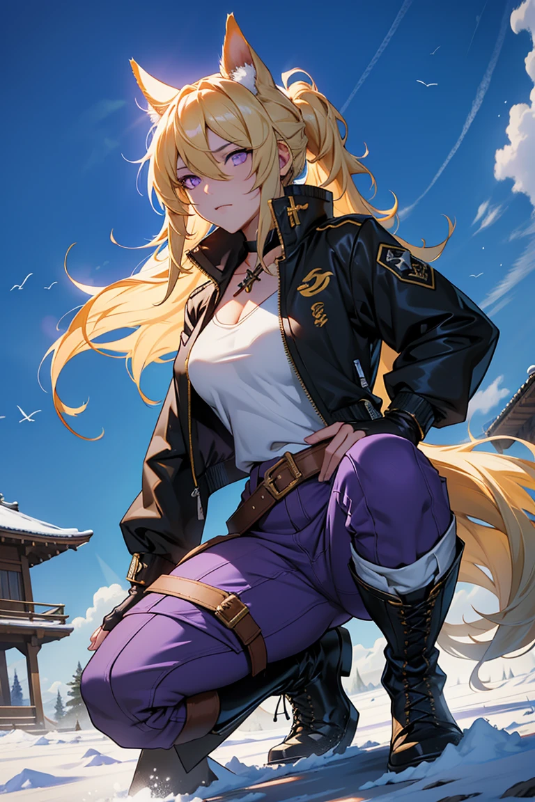 uma yang xiao long,  A blonde woman , long hair up to the waist, horse ears, long flowing blonde horse tail, ((purple eyes)), Female silhouette, middlebreasts, master part, best quality,  hair over one eye, green jacket, miitar jacket, ( cleavage:0.7), belt, green pants,  fingerless gloves, cross-laced boots, holding a Kunai, ((neve)), supported on one knee, sideways, tiro largo, blue skies