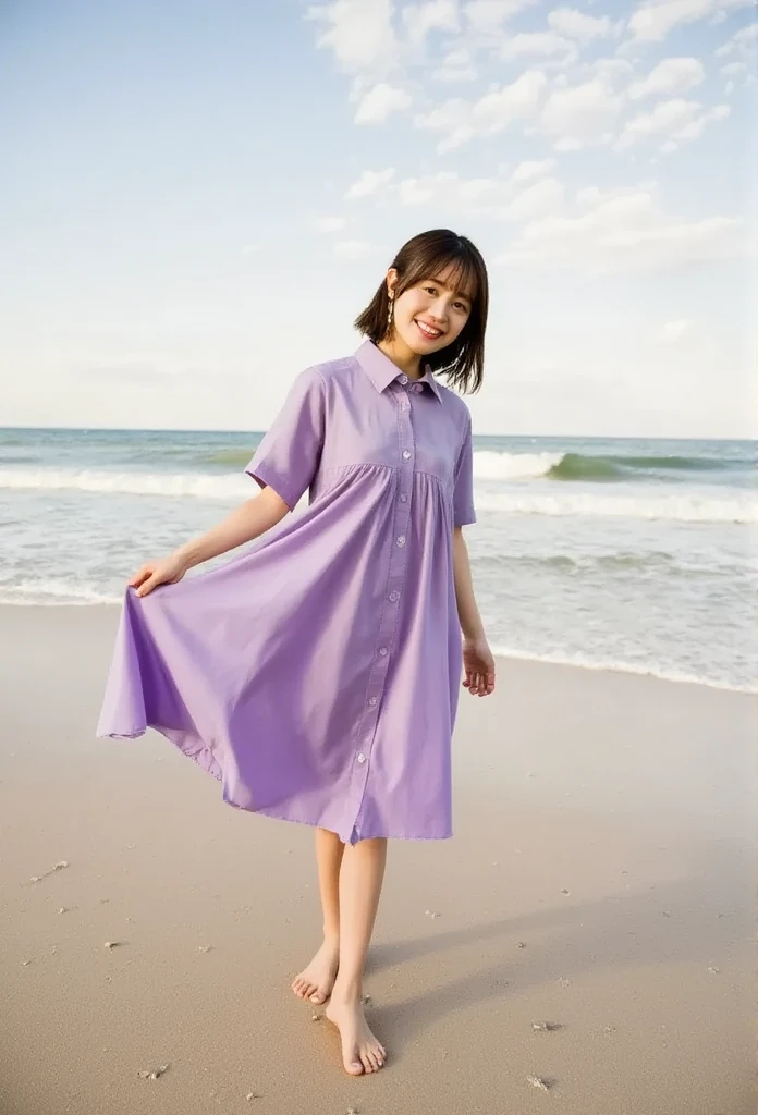  angle shot from below in a light purple dress 、  slouching position with collar、  open shirt  、  no underwear、 skirt rolling up due to strong wind 、  one girl 、Japanese Uniform、barefoot、  beach  、smile

