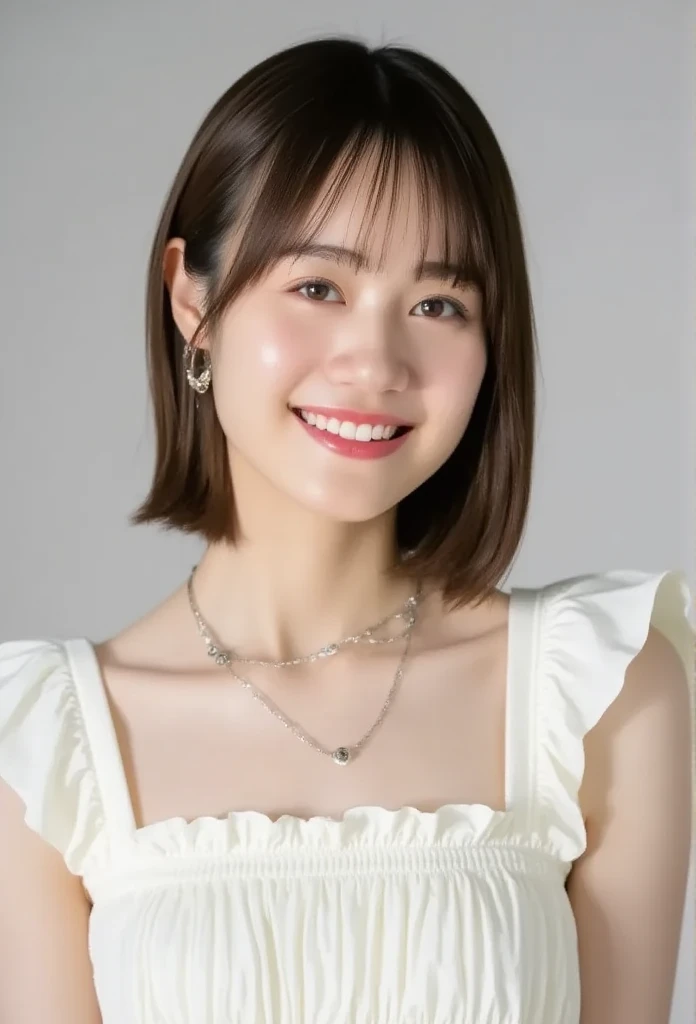 (top-quality, ​masterpiece,  high definition ),  beautiful 18 year old woman 。 sexy pose , 細身の体。 beautiful 18 year old woman 。slender。 She's wearing white off the shoulder with white ruffles。It only covers her breasts。Pull up your shoulders 、 kind smile、Show some teeth。 short bob hair、(Shoulder Bob、 straight hair、 straight bang、Eyebrow bangs)、Only one ear sticks out、 sharp focus、( movie lighting)、clavicle、earrings、 Necklace 、Light Gray Background

