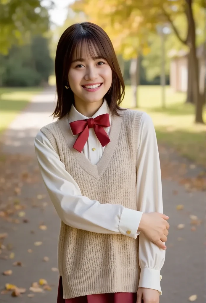 (masterpiece, best quality, beautiful, RAW photo, photo realistic:1.1),
full body, standing,
sunlight,
ultra high skin detail, detailed face,
a japanese girl, 24 years old, round face, short hair, bangs, open mouth, smile, looking at viewer,
school uniform, (bow red bow:1.2), ( beige sweater vest), long sleeve shirt,
outdoor,
(beautiful autumn leaves, surrounded by scattered small red maple leaves),
Autumn atmosphere,