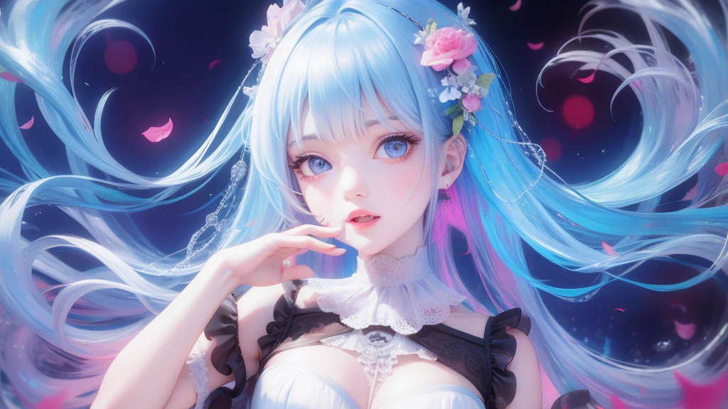 finest image, (8k, RAW photo, realistic), amorous expression, lewd expression, pink eyeshadow, cute girl, blue shining big eyes, dark green hime cut, flat chest, slender, red big thick lips, flamenco costume, portrait