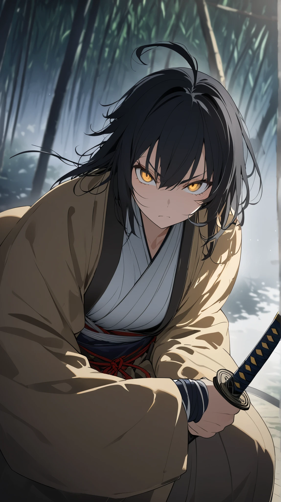 picture of a female samurai with a sword removed from the scabbard , 8k Ultra HD , soft lighting, High Quality , Film Grain , Fujifilm XT3 as background、最 High Quality , masterpiece, high definition , Samurai Girl, I have a Japanese knife, beautiful posture,Moonlit Night,bamboo forest,chest, 1 girl, high definition , Shortcut That Doesn't Shed Bangs ,Tall、Handsome beauty 、samurai、 Japanese Knife 、 adult woman、A beautiful woman in men's clothing、Alone, Woman in her early 20s、 is cool、Mature atmosphere、 turning your gaze , illustration, tall adult woman who flips through Kimono、Medium to medium height ,Japanese Sword 、There is murderous intent.,The number of fingers is accurate (5 bottles),Japanese longsword, on all fours,Iaido, Iai Kari,Close up, Long Sleeve ,The length of the blade of the sword holding the hand ,No hands ,I don't draw hands,Black Scabbard,Put one knee on the ground, textured skin, spreads legs, has sarashi wrapped inside kimono,underwear( sarashi),白い kimono, I have multiple swords in my sleeve, long hair, black hair, Ahoge,High concentration ,Serious personality, golden eyes, Breathing through the mouth ,Contemptuous eyes, Contempt/Angry Gaze, Crazy Eyes, Battle Mode,1 thick, long Ahoge, split bangs,Golden Eyes,Shiny black hair , with smooth black hair , Ahoge is standing , jacket on one side only( kimono)Taking off, Chest Valley, big chest, clavicle