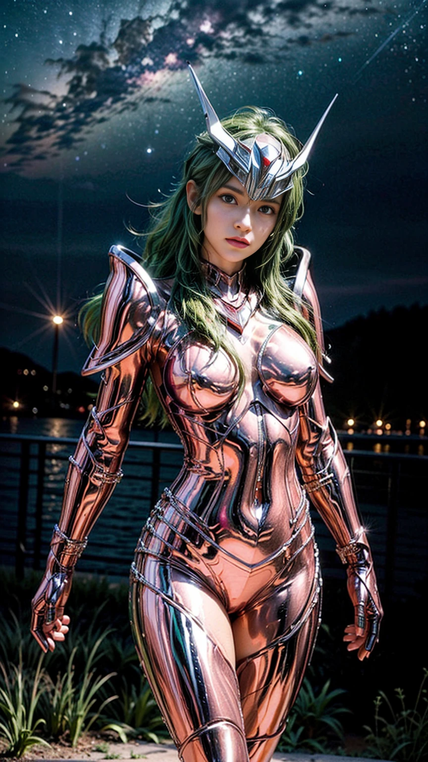 masterpiece, best quality, 超high resolution, Lifelike skin texture, armature, lifelike, high resolution, original photo, shiny skin, Lifelike skin texture, best lighting, spark, dramatic lighting, dynamic poses, starry sky background, night sky, universe, Milky Way, 1 girl, balanced eyes, Andromeda Shun, pink armor, chest, split, Green hair, Pink helmet, blue eyes, looking at the audience, huge boobs, faint smile, chain，Show belly