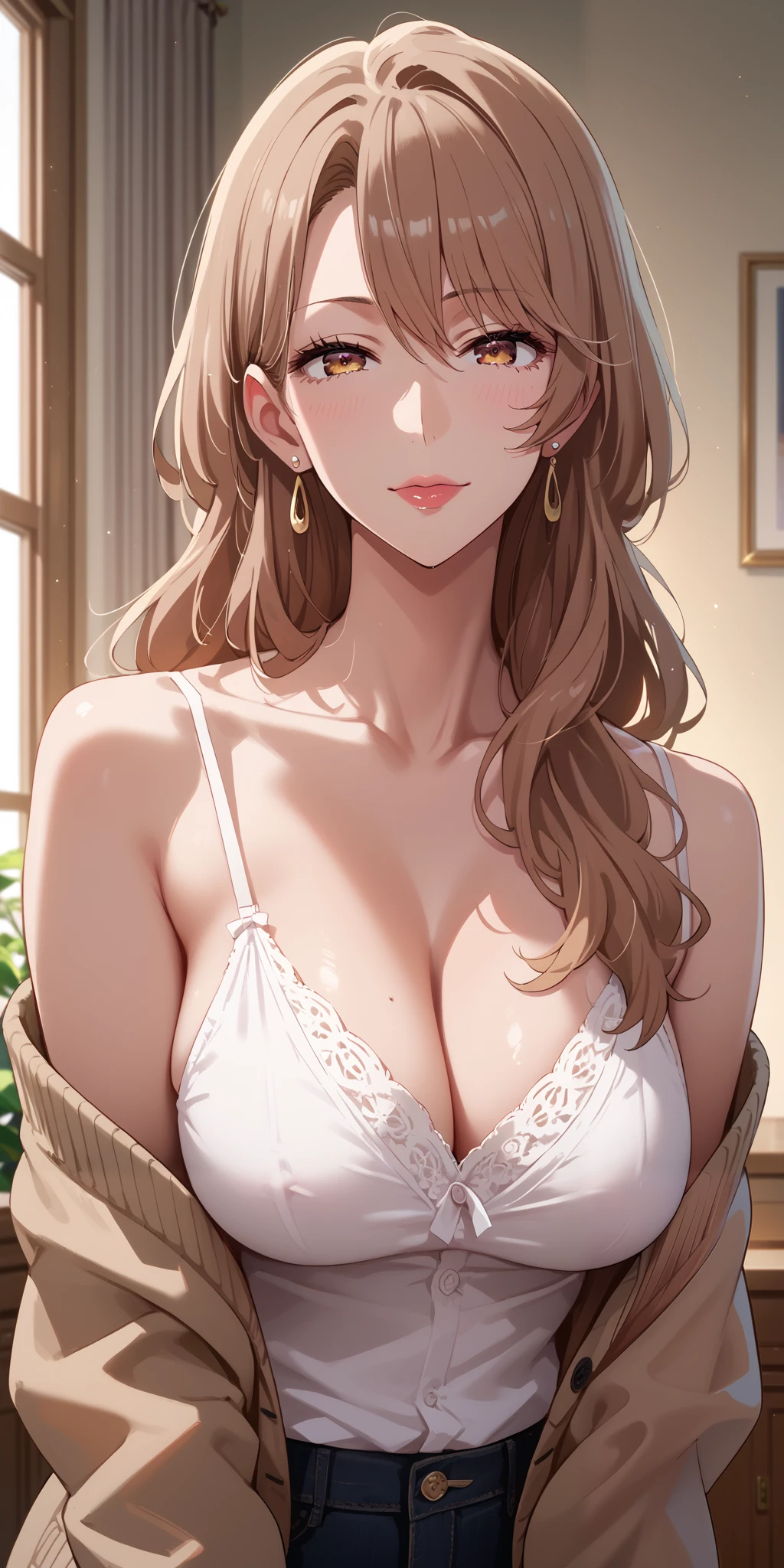 Score_9, Score_8_up, Score_7_up, Source_anime, anime art, anime style, very aesthetic, masterpiece, high quality, 1girl, elegant mature woman, milf, curvaceous, camisole, cardigan, seductive pose, saggy breasts, seductive face, standing beside window, miyako saitou, long hair, brown hair, brown eyes, cinematic lighting, upper body 