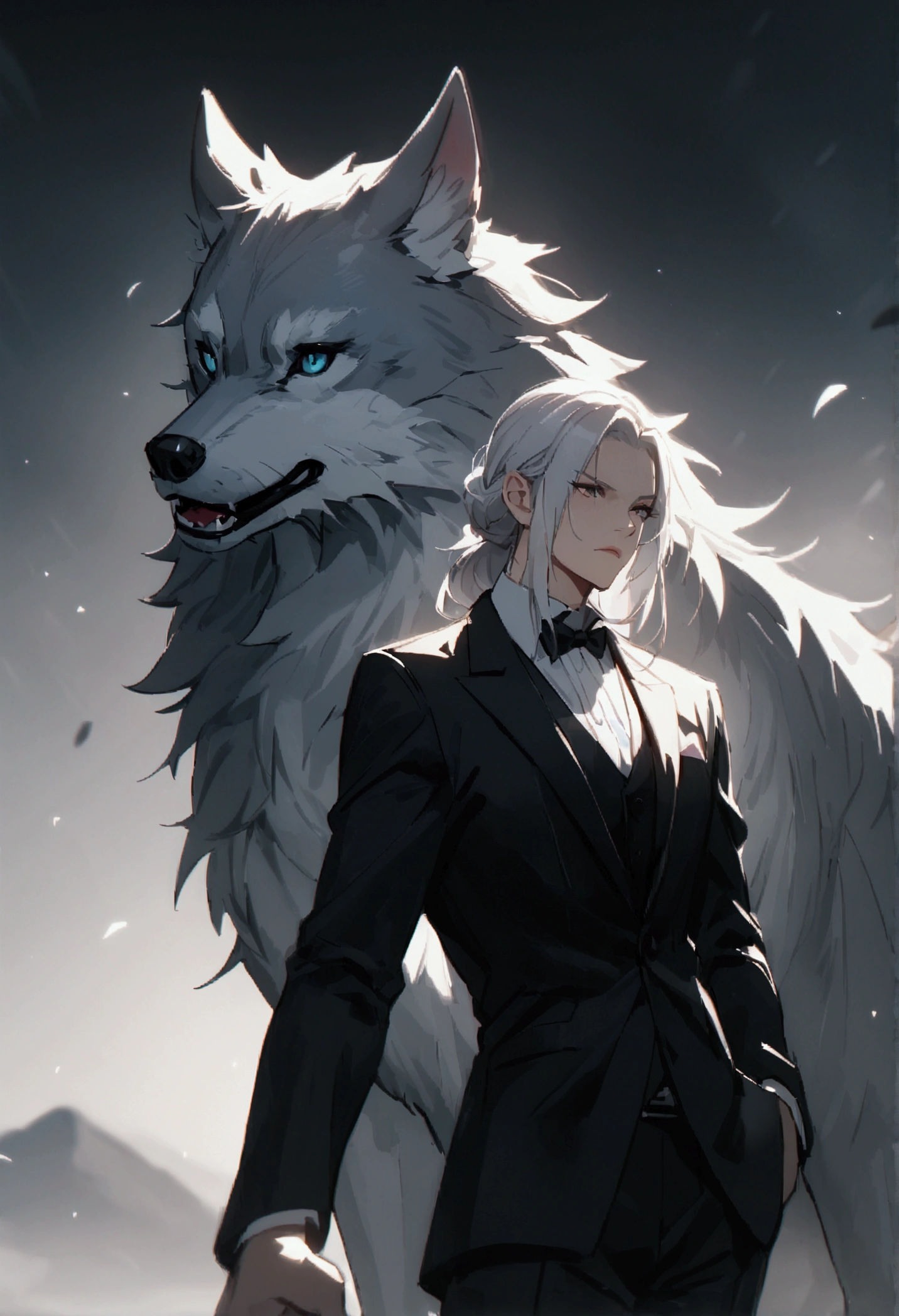 Wolf, Gray fur, long White hair, black tuxedo 