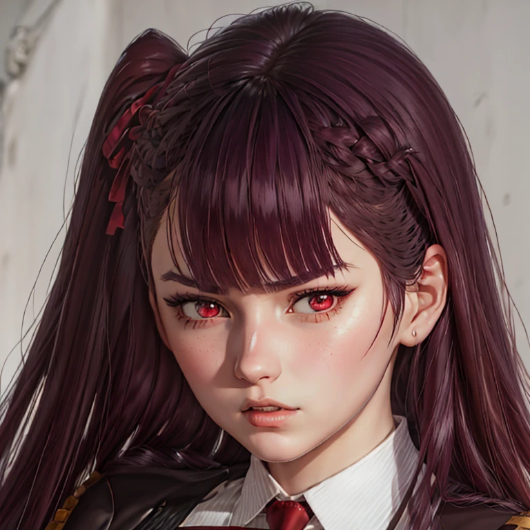  There is a woman with long hair who wears a suit and tie., colegiala hiperrealistic, a colegiala hiperrealistic, Realistic young anime girl  ,  Anime-style realism , estilo de arte anime realistic , estilo de arte de anime realistic , Estilo anime 3D realistic, portrait of an anime girl,  artwork in the style of Guweiz  , Detailed portrait of an anime girl,  incredible anime face portrait  . model,  of German origin (beautiful,elegant,sexy) y asian (beautiful,sexy,linda),  just looking at the viewer , (realistic:1.4), (:1.0), Ojos rojos,  Round pupils  (perfecta), eyelashes(perfecta),form (perfecta),form(better light),square face, ojos beautifuls(sexy), semi-sharp eyes (sensual),shirt, jacket, red tie, pale white skin  (bright light,perfecta), ( burgundy hair color  ), Braid, (one side up:1.2), (  hair band ), (blush, ashamed), (while getting angry),(Detailed, ultra-Detailed, high Detailed, ultra realistic 8k CG,  perfect artwork, lyrical), wooden table, flores, information, no benefit 