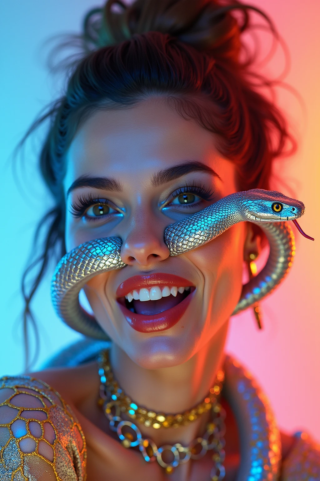 (A portrait of one beautiful and obscene female alien who is a young teenager:1.4), ((There is a female genital-like organ in the middle of her forehead:1.8)), (realistic face:1.2), (Numerous award-winning masterpieces, with incredible detail, textures and maximum detail), artistic photography, midnight aura, unreal engine 5, Ultra Sharp Focus, art by Amano Yoshitaka, ArtGerm, Roisch, intricate artwork, ultra realistic realism, high resolution, High freshness, drawing faithfully, official art, Unity 8K Wall paper, ultra detailed artistic photography, dream-like,tumult Creation of fantasy, ominous dream Snail, (biopunk nautilus:1.3),Thrilling color schemes, seductively smiling, Amazing mutation, well-proportioned body, goddess of the deep sea, fractal, Geometric pattern, impossible figures, (translucent white tentacles with luminescent organs:1.4), subtle emerald green accents, (smiling seductively:1.3),(She has the most beautiful face in the history of the universe:1.5), yolandie vesser, (she is looking down at viewers with glowing iridescent eyes with no pupils:1.3), an evil gaze that seduces, cinematic lighting, (Vampire-like long canine teeth can be glimpsed through the gap between the cute lips:1.3), in the hall of hell itself, Sweet breath is exhaling from beautiful lips, ecstatic expression, hypersexual 