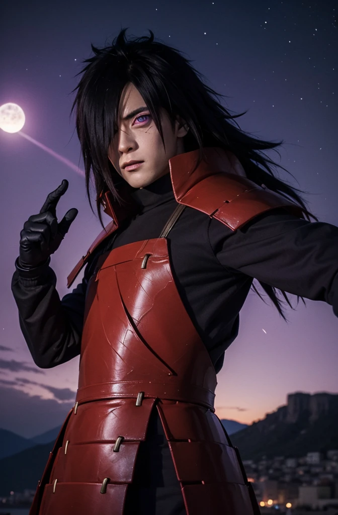 uchiha madara, long hair, hair over one eye, purple spiral eyes, glowing eyes, black gloves,  mix of ronin armor and long sleeve, night sky