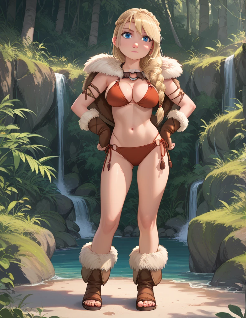 score_9, score_8_up, BREAK, ASTRIDHOFFERSON, 1girl, solo, blonde hair, braid, Long hair, blue eyes, fur trim, bikini , Large breasts, full body 