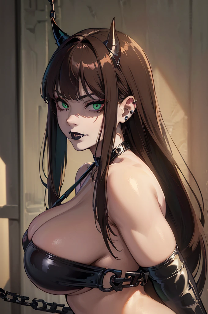 NSFW, 1Woman, ((best quality)), ((masterpiece)), (detailed), beautiful face, (defiance512:1.2), solo, (((dark-brown hair))), (((sexy black latex outfit))), (((ahego face))), (((long hair))), (((bangs hairstyle))), ((big eyes)), (((dark-green eyes))), bangs, (((naked boobs))), (((large ass))), nose piercing, eyebrow piercing, ear piercings, (((black lipstick))), basic necklace, (((dominant expression))), (((extremely dominant pose))), (((bdsm dungeon background))), (((chains))), (((bondage equipment), (((whip))), (evil:1.2), looking at viewer, (interview:1.3), intense seductive gaze, contrasting soft skin, (lighting:1.2), ((best quality)), ((masterpiece)), (detailed), perfect face