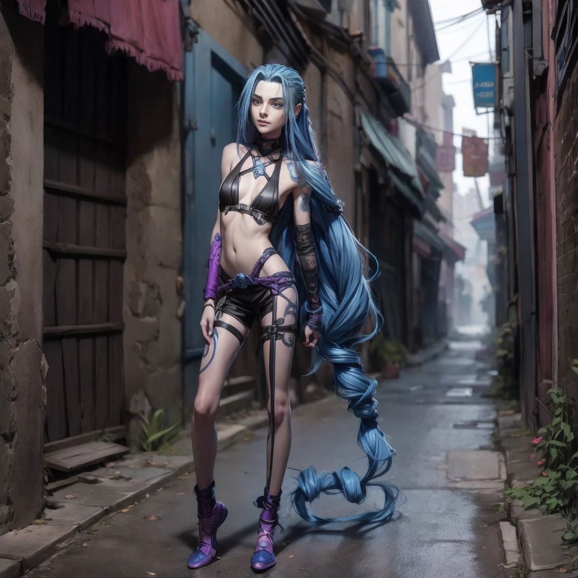 photo of Jinx, long wavy hair, blue hair, (detailed face:1.2),(extremely skinny:1.3) standing in alley