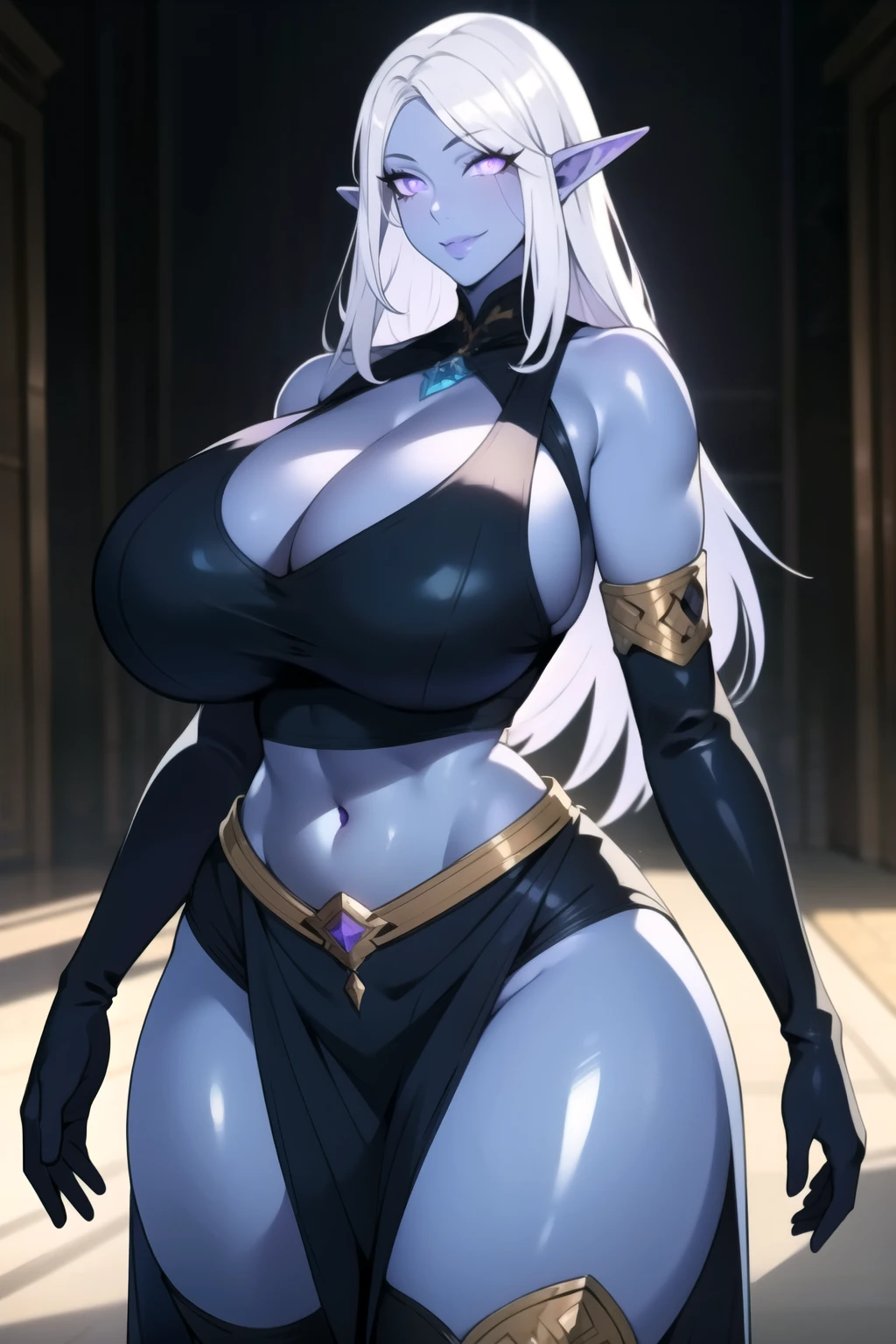 score_9, score_8_up, score_7_up, score_6_up, score_5_up, score_4_up, solo, 1lady, milf, mature woman, night elf mercenary, (very long white hair), ((long side locks with hair tubes)), bang, white eyebrows, light lipstick, ((pouted lips)), ((purple skin)), ((pupil-less glowing yellow eyes)), corset leotard armour, v string leotard thong, ((over the knee white armoured Greaves)), bare shoulder, big full lips, source_anime, cel shading, masterpiece, best quality, topless, (((pouted lips))), (((gigantic breasts))), big dark purple nipples, ((huge ass)), thick thighs, wide hips, transparent cameltoe, blush, sexy, seductive, alluring, ((pleasured face:0.5)), detailed background, detailed lighting, ((NSFW)), ((full body)), fantasy aesthetic, (mystical forest), ((elfin ruins)), ((dark night)), (((groping own breasts))), ((kneeling)), ((cowboy shot))