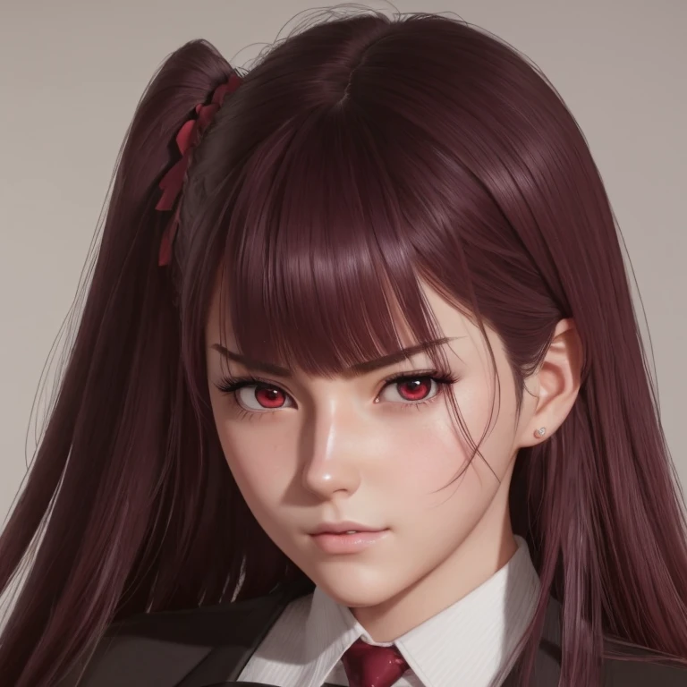  There is a woman with long hair who wears a suit and tie., colegiala hiperrealistic, a colegiala hiperrealistic, Realistic young anime girl  ,  Anime-style realism , estilo de arte anime realistic , estilo de arte de anime realistic , Estilo anime 3D realistic, portrait of an anime girl,  artwork in the style of Guweiz  , Detailed portrait of an anime girl,  incredible anime face portrait  . model,  of German origin (beautiful,elegant,sexy) y asian (beautiful,sexy,linda),  just looking at the viewer , (realistic:1.4), (:1.0), Ojos rojos,  Round pupils  (perfecta), eyelashes(perfecta),form (perfecta),form(better light),square face, ojos beautifuls(sexy), semi-sharp eyes (sensual),shirt, jacket, red tie, pale white skin  (bright light,perfecta), ( burgundy hair color  ), Braid, (one side up:1.2), (  hair band ), (blush, ashamed), (while getting angry),(Detailed, ultra-Detailed, high Detailed, ultra realistic 8k CG,  perfect artwork, lyrical), wooden table, flores, information, no benefit 