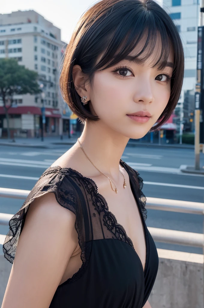 (Surrealism, RAW photo, Incredibly absurd, Nikon, 8k, super detail, masterpiece, intricate details), 
(anatomically correct, perfect human body, beautiful and cute face, silky skin), 
(16 years old, Japanese girl, idle face, Haruka Fukuhara, slim waist and busty body, Slender legs, large breast, baby face), 
((round face, black hair, short bob cut, bangs, Down-slating eyebrows, Moist eyes, Shining eyes, one little earring, light blush)), 
(look back), 
(look at viewer, look at camera), 
(Tokyo, Aoyama, Main street, luxury building, luxury background, very crowded road), 
Natural lighting, angle from behind:1.5