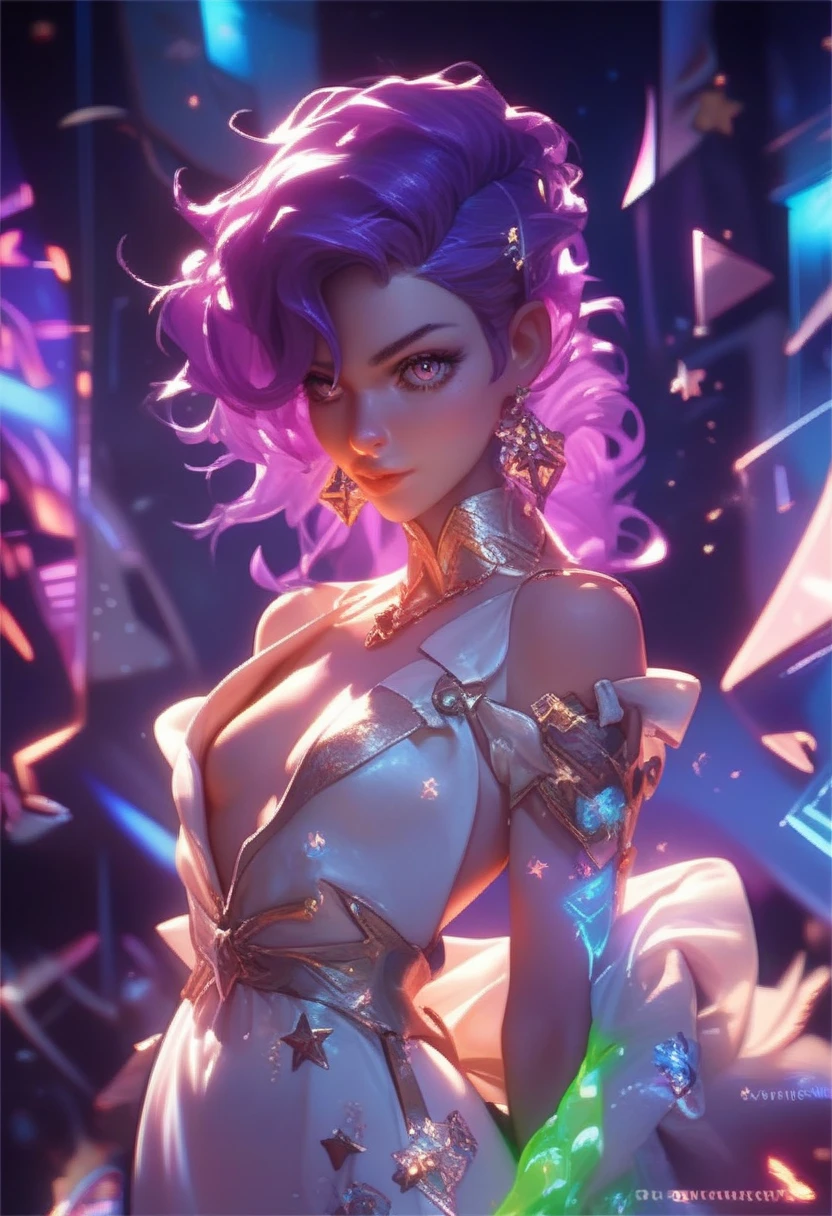 elegant extraterrestrial with glowing purple hair resembling liquid energy, dressed in a flowing, gravity-defying robe adorned with star-like designs, very small breasts, waist-up, illuminated by the light of a distant star