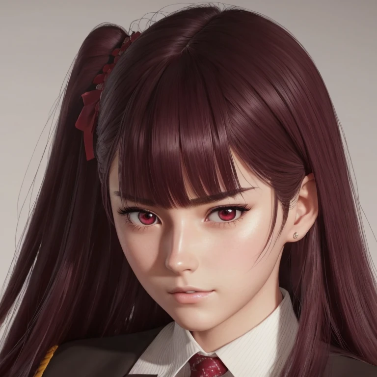  There is a woman with long hair who wears a suit and tie., colegiala hiperrealistic, a colegiala hiperrealistic, Realistic young anime girl  ,  Anime-style realism , estilo de arte anime realistic , estilo de arte de anime realistic , Estilo anime 3D realistic, portrait of an anime girl,  artwork in the style of Guweiz  , Detailed portrait of an anime girl,  incredible anime face portrait  . model,  of German origin (beautiful,elegant,sexy) y asian (beautiful,sexy,linda),  just looking at the viewer , (realistic:1.4), (:1.0), Ojos rojos,  Round pupils  (perfecta), eyelashes(perfecta),form (perfecta),form(better light),square face, ojos beautifuls(sexy), semi-sharp eyes (sensual),shirt, jacket, red tie, pale white skin  (bright light,perfecta), ( burgundy hair color  ), Braid, (one side up:1.2), (  hair band ), (blush, ashamed), (while getting angry),(Detailed, ultra-Detailed, high Detailed, ultra realistic 8k CG,  perfect artwork, lyrical), wooden table, flores, information, no benefit 