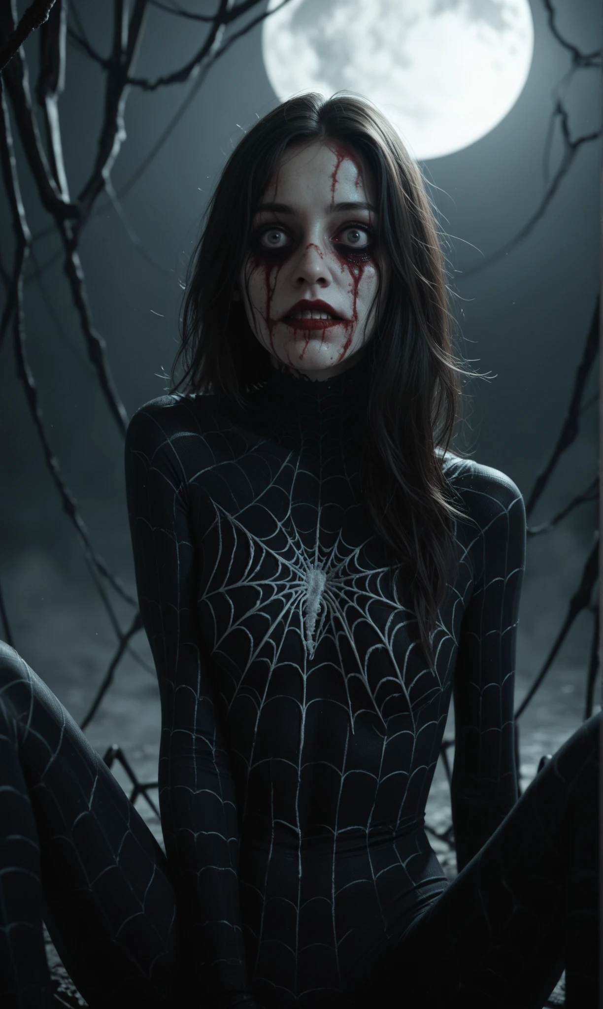 A full body shot, professional photo of single spider queen, ((1 woman)), (a dark and dirty dungeon with burning torchlights, bodies hanging on the walls:1.3), small smile, ((big breasts, topless)), medium ass, (((wearing a long translucent dirty spider web dress with splatters of blood on it))), (satanic tattoos:1.5), long hair, beautiful face, 20-years-old, pale skin, large eyes, ((cobweb)), thigh gap, long torso, small waist, long legs, long Hair, seductive pose, dynamic lighting, 8k, mouth parted, ((Spider theme)), horror, realistic spiders, studio lighting, Hasselblad camera, back lighting, hyperrealistic