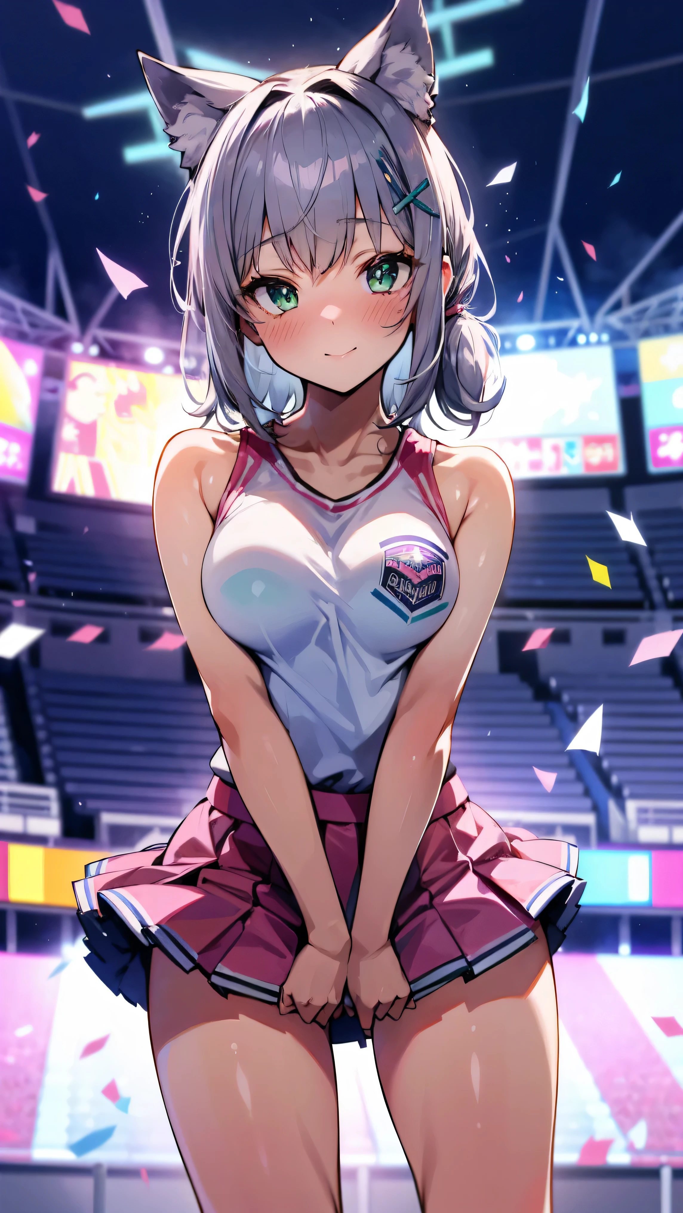 (top quality, 4K, a high resolution, masterpiece:1.2, High image detail) best composition, front view, whole body, 1 girl, Shiroko white, Pink cheerleader costume (Pink Short Skirt, Pink Short Top), 2 Blue pompoms in hands, shyness, lust, Very funny, looks at me, Green eyes, playful smile, blushes, medium breasts, burst of confetti, Performance of a cheerleader on the stadium stage