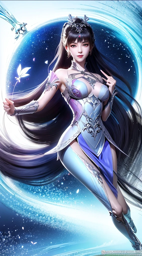 Close-up of a woman wearing a silver-blue dress, Cheng Weipan Art Station, Xiuxian Technology Sense, Detailed fantasy art, Stunning character art, Epic and beautiful character art, Beautiful armor, Extremely detailed artistic buds, Detailed digital animation art, Artgerm on the art website Pixiv, Armor Girl, Intricate headpieces and jewellery，Large Breasts，Large Breasts，Bare room,Huge breasts,Full body display，Full body display，