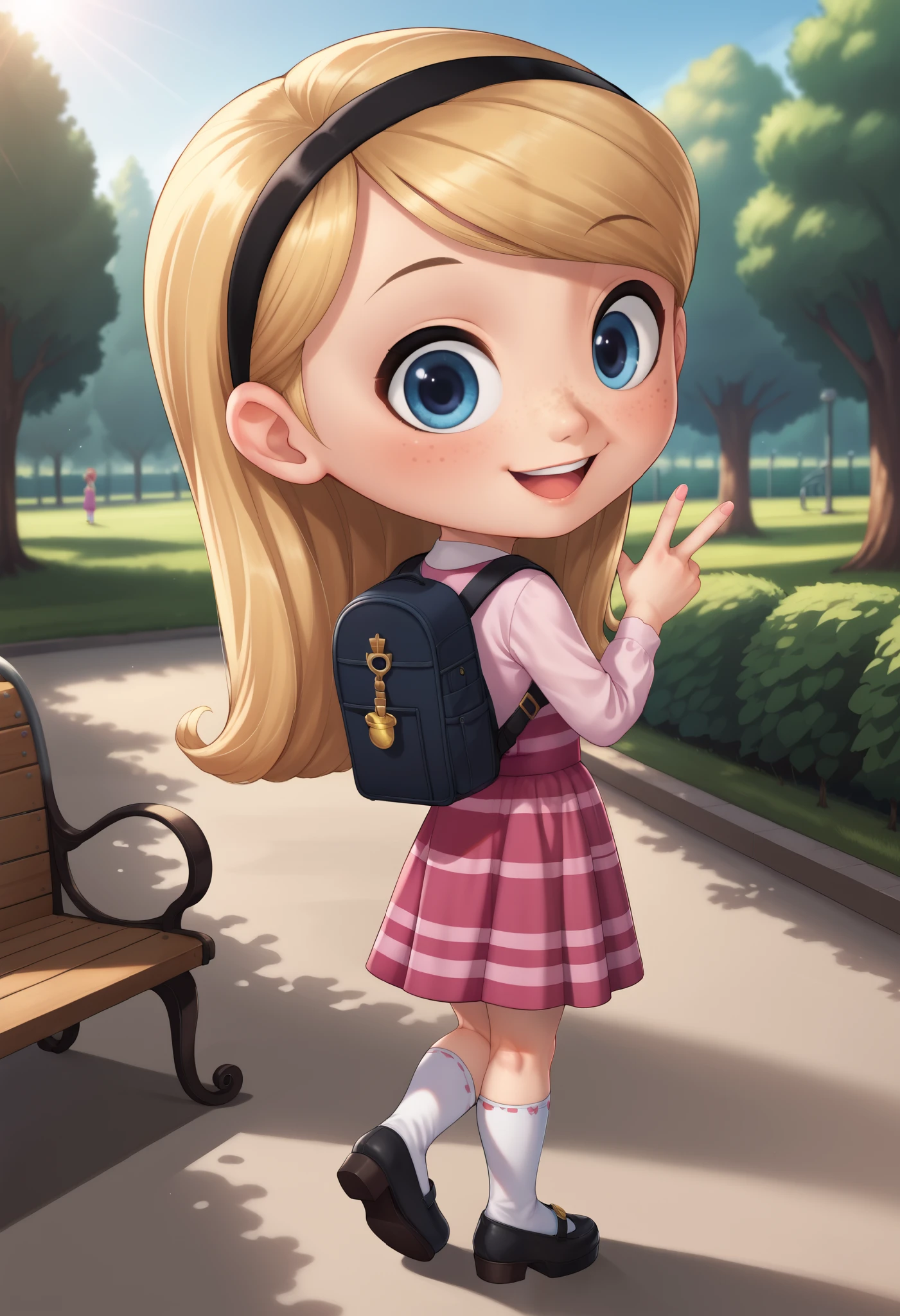 score_9, score_8_up, score_7_up, source_anime, best quality, masterpiece, highly detailed, 1girl, full body, solo, penny peterson, long hair, blue eyes, freckles, blonde hair, shirt, skirt, hairband, black hairband, white socks, dress, pink dress, long sleeves, mary janes, black mary janes, giggle, giggling, cute, beautiful, Carrying a backpack, outside, central park, benches, looking at viewer, looking back, close up, excited expression ,brightly sunshine, cute smile, beautiful art, looking at viewer, soft lighting, chibi, BREAK, BREAK lora:add-detail-xl:1>, zPDXLxxx, zPDXL2