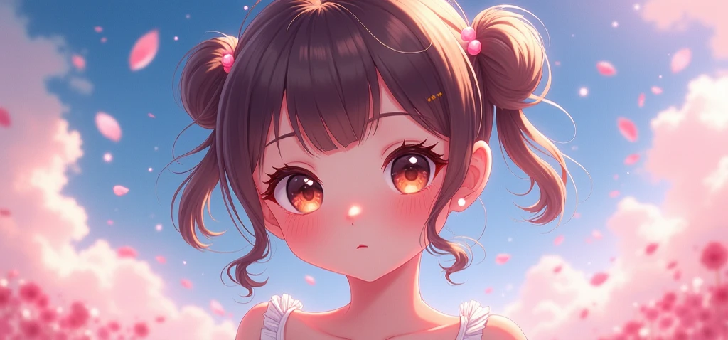 A white and brown cupcake with pink icing dripping from her head, brown sprinkles and an orange bow. She has her eye a quarter way closed on the brown side and has a regular face with no mouth. Her left ear is bitten. SPARKLE; GLITTER