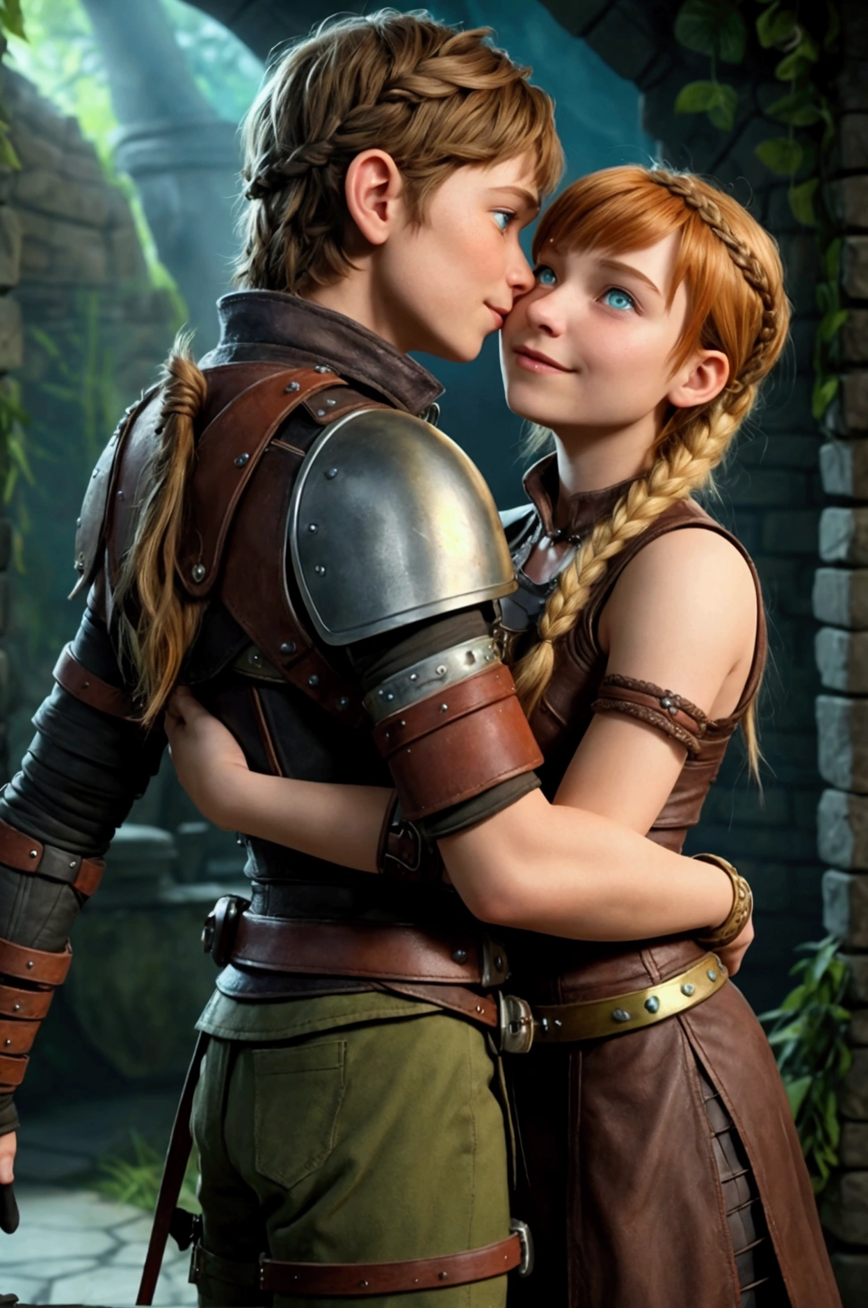 In a whimsical CGI animated style, depict Hiccup and Astrid from "How To Train Your Dragon" in a tender moment. Hiccup, with auburn hair and piercing green eyes, sporting a detailed prosthetic leg, leans in to kiss Astrid. Astrid, characterized by long blonde hair elegantly braided down her back, features bangs that partially cover the left side of her face and a distinctive metal-studded leather band across her forehead. Capture the essence of their love, the warmth in their expressions, and the magical bond they share. The scene should exude a sense of adventure and romance, with a touch of fantasy. Vibrant colors, intricate details on clothing and surroundings, dynamic lighting to enhance the mood, and a fantastical landscape in the background. Emphasize the connection between the characters through subtle gestures and expressions. A masterpiece in CGI animation, high resolution, vivid colors, soft lighting to create a dreamy atmosphere.