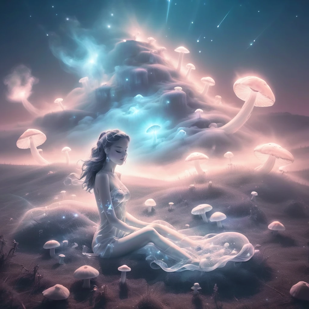 A beautiful design in vaporwave style, beautiful nude woman laying in a field of mushrooms with smoke trailing of into a surreal night sky, magical twinkling stars, glowing, simple background, full body, view from above, dynamic angle, dynamic lighting 
