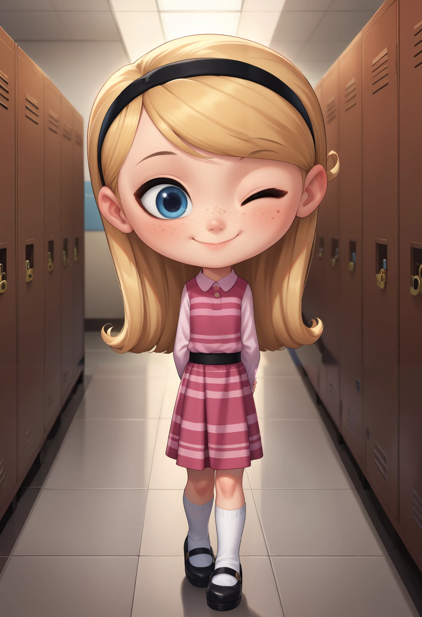 score_9, score_8_up, score_7_up, source_anime, best quality, masterpiece, highly detailed, 1girl, full body, solo, penny peterson, long hair, blue eyes, freckles, blonde hair, shirt, skirt, hairband, black hairband, white socks, dress, pink dress, long sleeves, mary janes, black mary janes, smile, cute smile, closed mouth, arms behind back, standing, one eye closed, school, hallway, school lockers, soft lighting, chibi, BREAK, BREAK lora:add-detail-xl:1>, zPDXLxxx, zPDXL2
