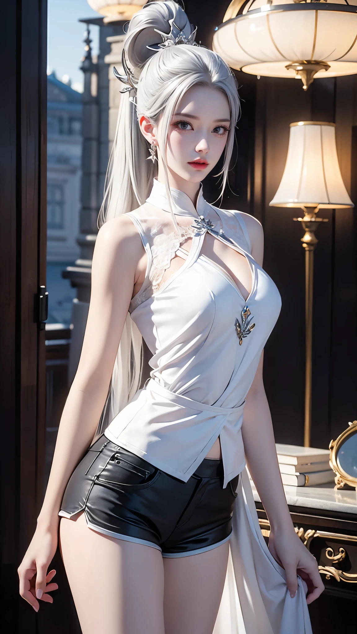 a white hair、Close-up of Miss wearing white mask, Beautiful character painting, Gu Weiss, Gurwitz-style artwork, White-haired god, author:Yang Jie, Epic and beautiful character art, Stunning character art, author:Fan Qi, by Wuzhun Shifan, pixiv art street Gu Weiss, Single ponytail, insult, High Ponytail, Tall and big, Long legs, (Sleeveless lace shirt), (shorts), (Striped )), ((Striped )), Walk, Elegant, dignified, Miss, Beautiful curves, sweet smile, Strong sense of detail and layering, Rich and colorful color, Has a unique texture, rich and colorful, color, Vivid, Design Art, 16k, Extremely detailed, {{illustration}}, {Extremely refined}, {Exquisite surface treatment}, Extremely detailed, Delicate and shining eyes, {{light}}, Extreme light effect, Model: Realism, CFG size: 12, Laura: Bright texture (1.35), high quality, masterpiece, Exquisite facial features, Delicate hair depiction, Detailed depiction of the eyes, masterpiece, best quality, Ray Tracing, Extremely detailed CG unified 8k wallpaper, masterpiece, best quality, (1 girl), Perfect Miss Body, (((Skinny white T-shirt))), beautiful eyes, (Delicate face), Black short hair, Tie your hair up, light blue hairpin, Black Silk Frame Glasses, in class, (White skin), (Optimal lighting), (Super intricate details), 4K Unified, (Extremely detailed CG), Showing off her white legs, , Hot Pants, shorts,