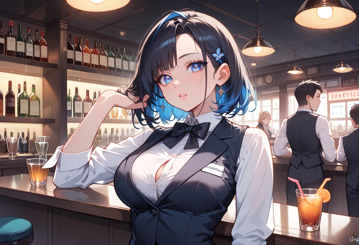 top-quality、Top image quality、masterpiece、girl with((18year old、Best Bust、Medium bust、Bust 85,Beautiful blue eyes、Breasts wide open,Black Short Sleeve T-Shirt、White see-through、Black short skirt、Ponytail with black hair、Smile Face、Beautiful blue earrings、A slender、Leaning forward、Blue hair mesh、sparking eyes,sit a chair、Front angle))hiquality、Beautiful Art、Background with((Red and blue lighting、Stylish restaurant at night、Stylish table、White Wine Bottle、White Wine Glasses)),masutepiece、Elaborate design、visualart、depth of fields、The best lighting、highestdetailed、8k