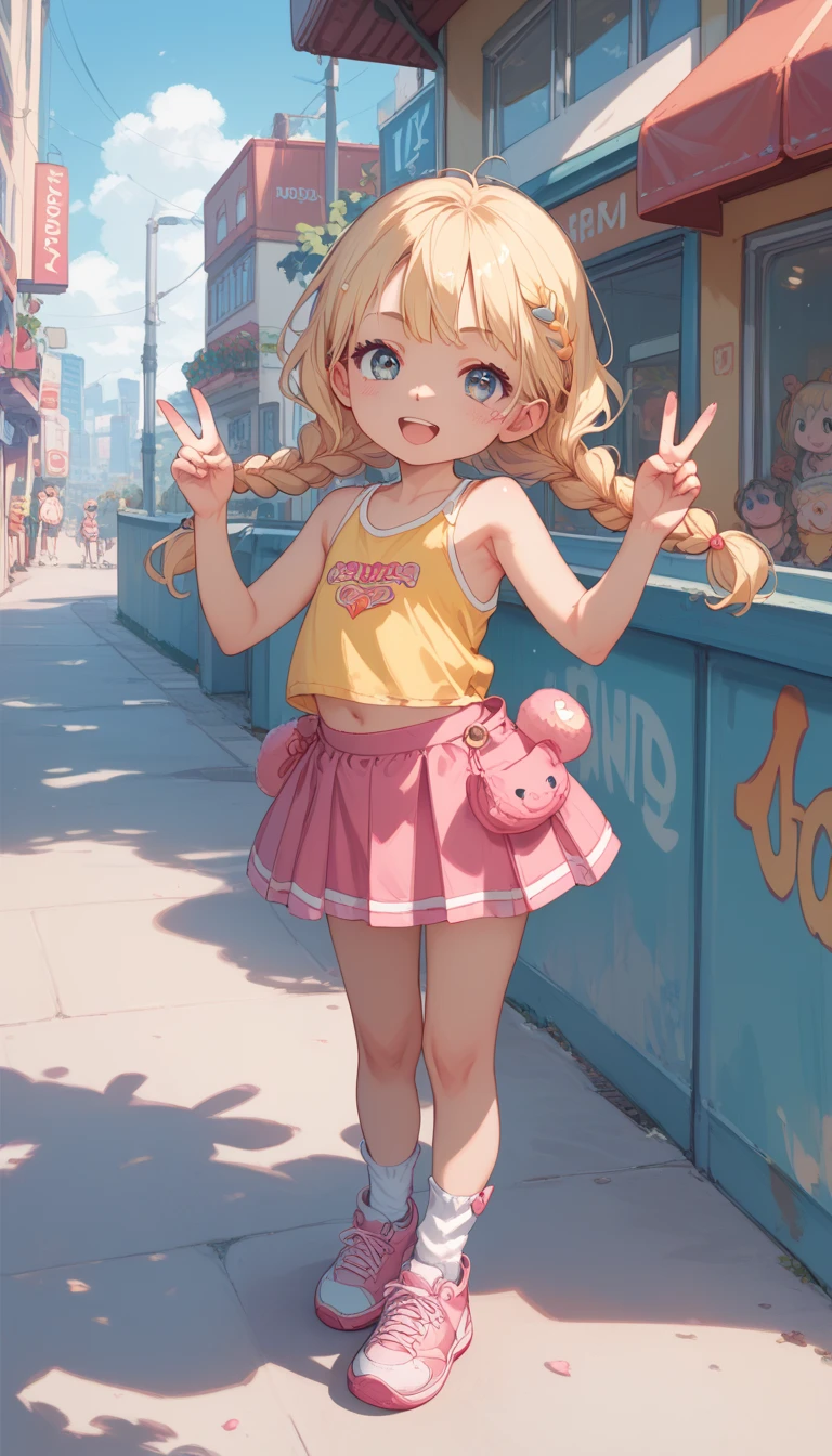 ******************, long yellow braided hair , short white tank top, short pink skirt, white socks,  pink sneakers , stands on the sidewalk in a metropolis, hands raised, v, v