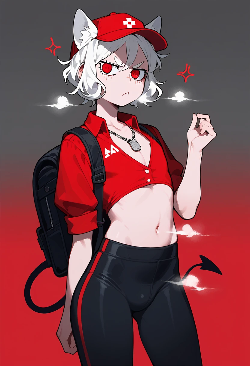 the embodiment of war as a femboy knight, helltaker demon boy 1, dog ears, cerberus, red eyes, short hair, red background, room background, detailed background, background with details, reflections, shadows and lights, black shorts, red eyes, alone, red and gray background, femboy, annoyed, displeased,Red cap, black leggings, work clothes, pin on chest, black gym pants, steam, carrying delivery backpack, shorts pants