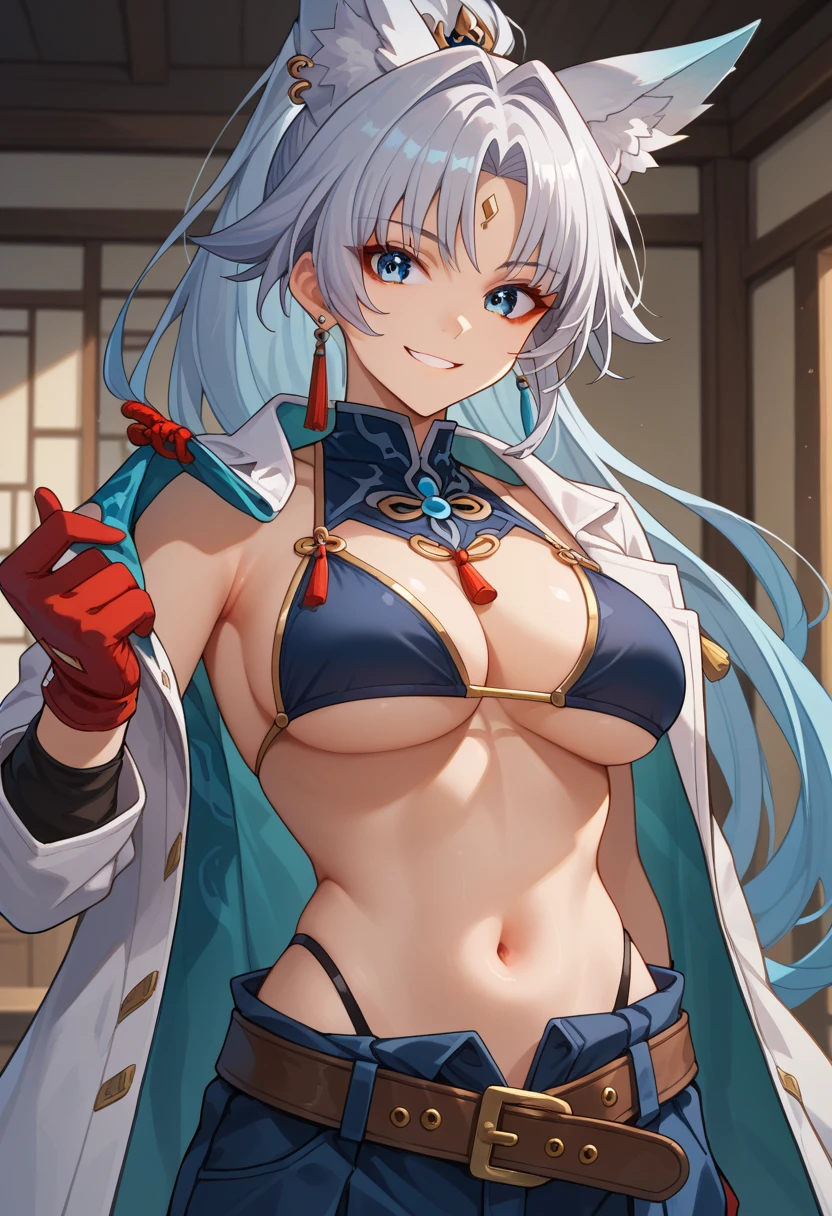 score_9,score_8_up,core_7_up, feixiao-hsr, 1girl, animal ears, solo, looking at viewer, gloves, blue eyes, breasts, fox ears, long hair, smile, jewelry, earrings, animal ear fluff, covered navel, belt, ponytail, bangs, black bikini, underboob, cleavage, smile, looking at viewer, highres, 1girl