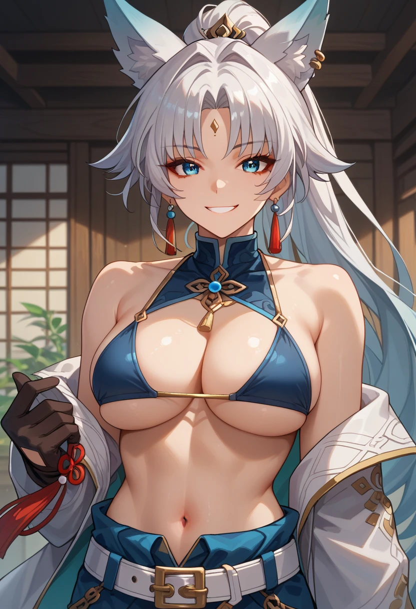 score_9,score_8_up,core_7_up, feixiao-hsr, 1girl, animal ears, solo, looking at viewer, gloves, blue eyes, big breasts, fox ears, long hair, smile, jewelry, earrings, animal ear , belt, ponytail, bangs, black bikini, underboob, cleavage, smile, looking at viewer, highres, 1girl