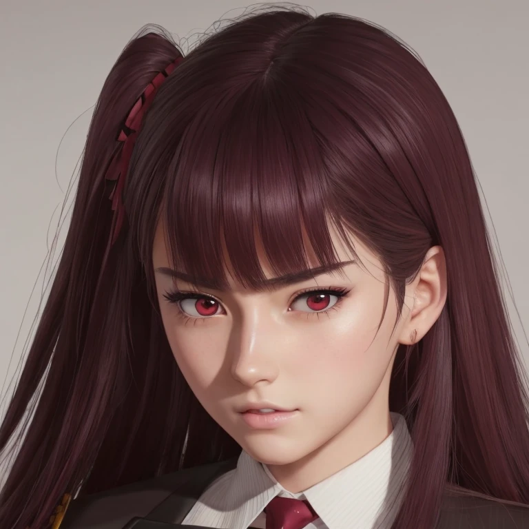  There is a woman with long hair who wears a suit and tie., colegiala hiperrealistic, a colegiala hiperrealistic, Realistic young anime girl  ,  Anime-style realism , estilo de arte anime realistic , estilo de arte de anime realistic , Estilo anime 3D realistic, portrait of an anime girl,  artwork in the style of Guweiz  , Detailed portrait of an anime girl,  incredible anime face portrait  . model,  of German origin (beautiful,elegant,sexy) y asian (beautiful,sexy,linda),  just looking at the viewer , (realistic:1.4), (:1.0), Ojos rojos,  Round pupils  (perfecta), eyelashes(perfecta),form (perfecta),form(better light),square face, ojos beautifuls(sexy), semi-sharp eyes (sensual),shirt, jacket, red tie, pale white skin  (bright light,perfecta), ( burgundy hair color  ), Braid, (one side up:1.2), (  hair band ), (blush, ashamed), (while getting angry),(Detailed, ultra-Detailed, high Detailed, ultra realistic 8k CG,  perfect artwork, lyrical), wooden table, flores, information, no benefit 