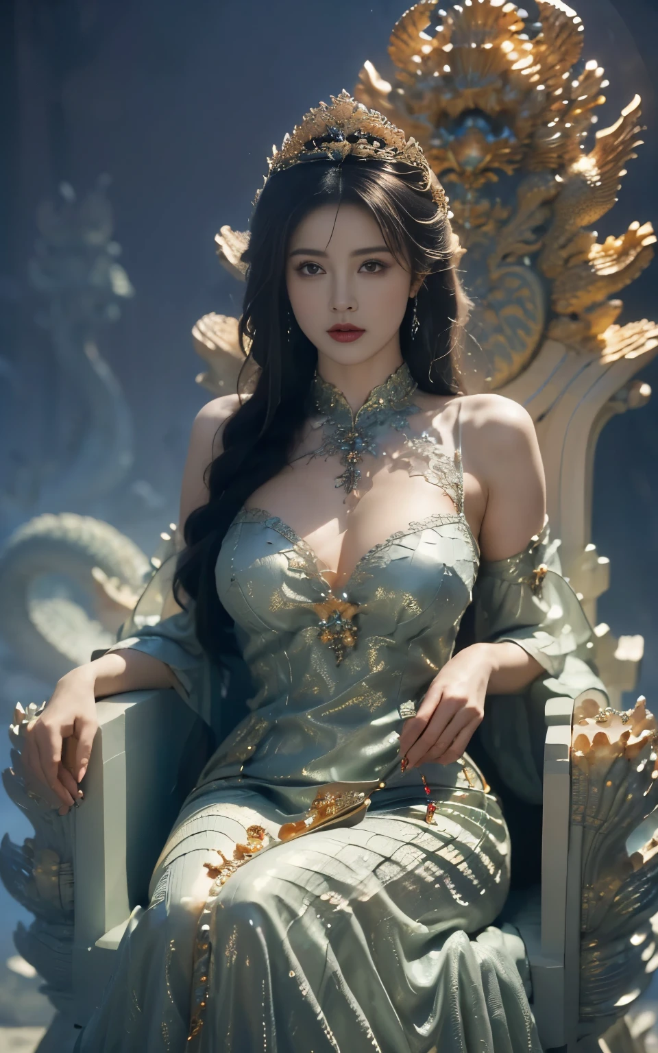 Etched illustration, Beautiful and sexy queen, (((Wearing a dragon scale dress  , cover))), (((Micro T String,     is lying on the throne in a dragon scale dress，The luxurious stone carving throne ))),Charming and gorgeous ，Warm and cold light ，dream (Palace Background，  Ultra HD Details， ray tracing )，