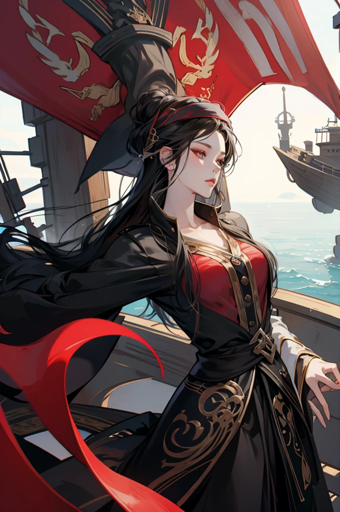 pirate woman with dark hair on a boat