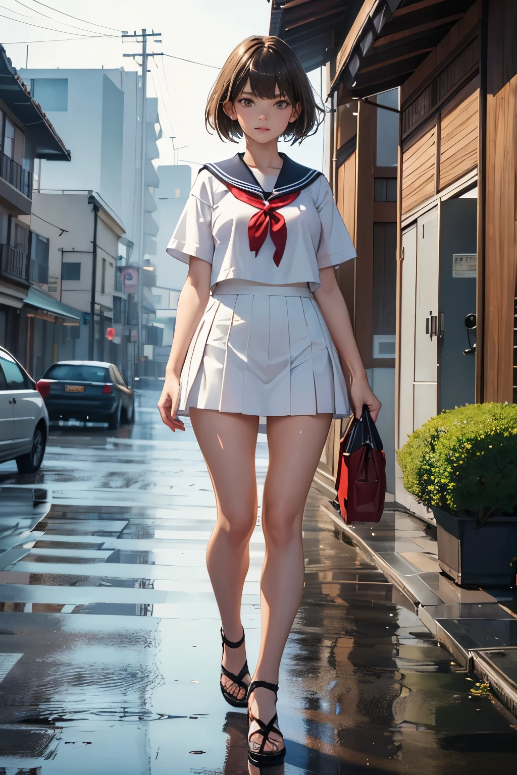 Perfect composition, Proper placement, Golden Ratio, masterpiece,  best quality,  high definition ,  one  Girl,  Beautiful  Woman, full body focus, full body shot, view the viewer, standing,  Wearing a Japanese High School Sailor Suit:1.331, Summer short sleeve uniform ,  red ribbon,  Anatomically Correct Ratio :1.331,  has a small head :1.331, Slender body:1.331,  thin waist:1.331, Thin limbs:1.331,  medium breasts, Brown Hair,  short cut hair,  bare legs, white pin heels, wet hair ,  wet skin , Wet clothes, rain, Summer evening, rain:1.21, In a residential area:1.21,  old blurry photos, Faded photos , Light and Shadow, Movie Lighting, 