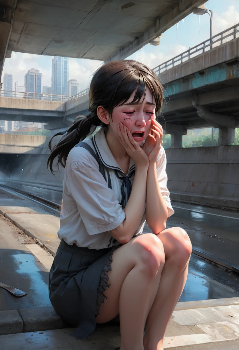 (anatomically correct:1.8),(show off pussy:1.6),(pov hands, rub pussy:1.8),(japanese university student is screaming:1.5),(she is crying:1.7),(flowing tears:1.7),(close her eyes:1.2),(torn clothes:1.5)