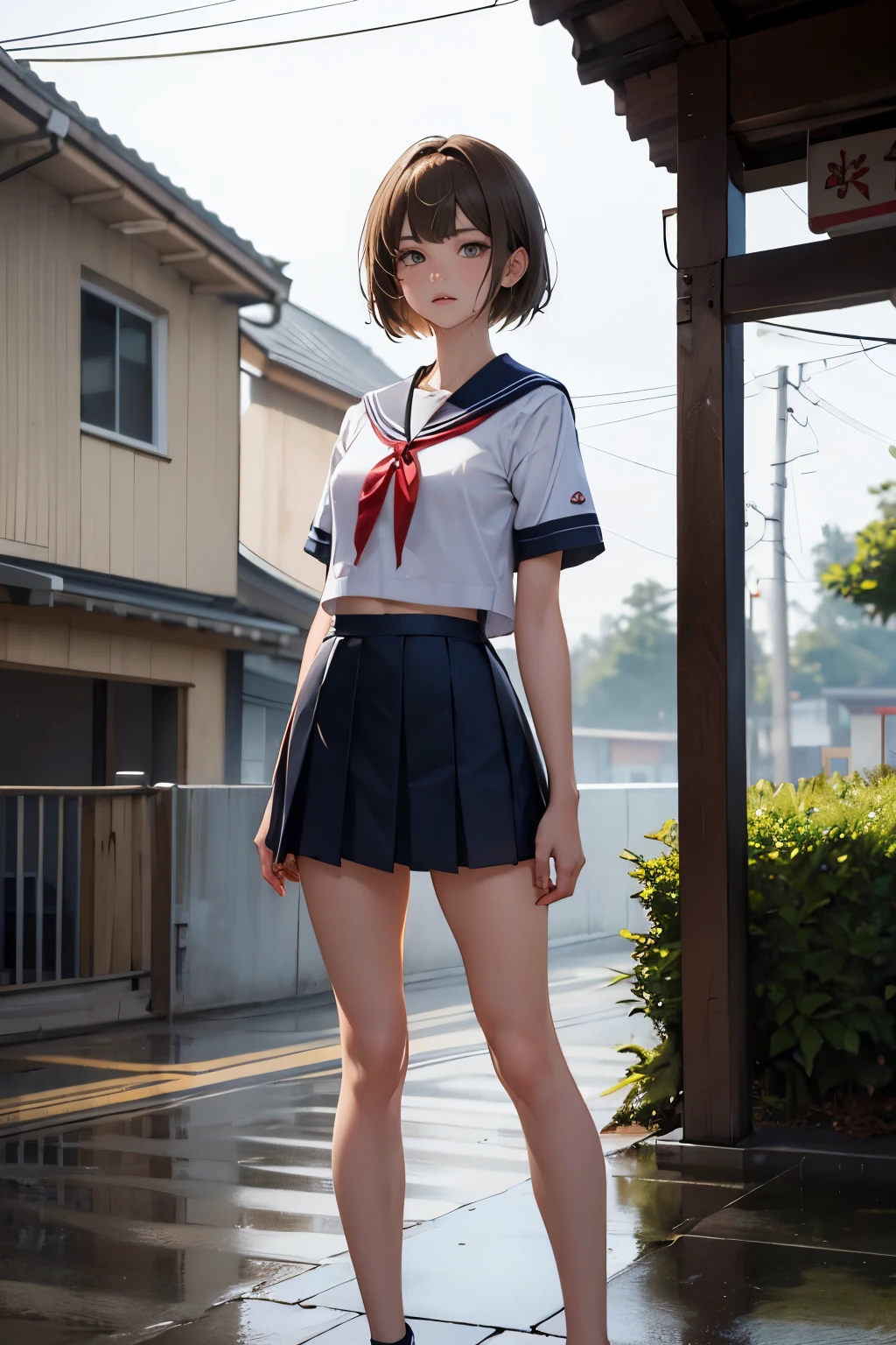 Perfect composition, Proper placement, Golden Ratio, masterpiece,  best quality,  high definition ,  one  Girl,  Beautiful  Woman, full body focus, full body shot, view the viewer, standing,  Wearing a Japanese High School Sailor Suit:1.331, Summer short sleeve uniform ,  red ribbon,  Anatomically Correct Ratio :1.331,  has a small head :1.331, Slender body:1.331,  thin waist:1.331, Thin limbs:1.331,  medium breasts, Brown Hair,  short cut hair,  bare legs, white pin heels, wet hair ,  wet skin , Wet clothes, rain, Summer evening, rain:1.21, In a residential area:1.21,  old blurry photos, Faded photos , Light and Shadow, Movie Lighting, 