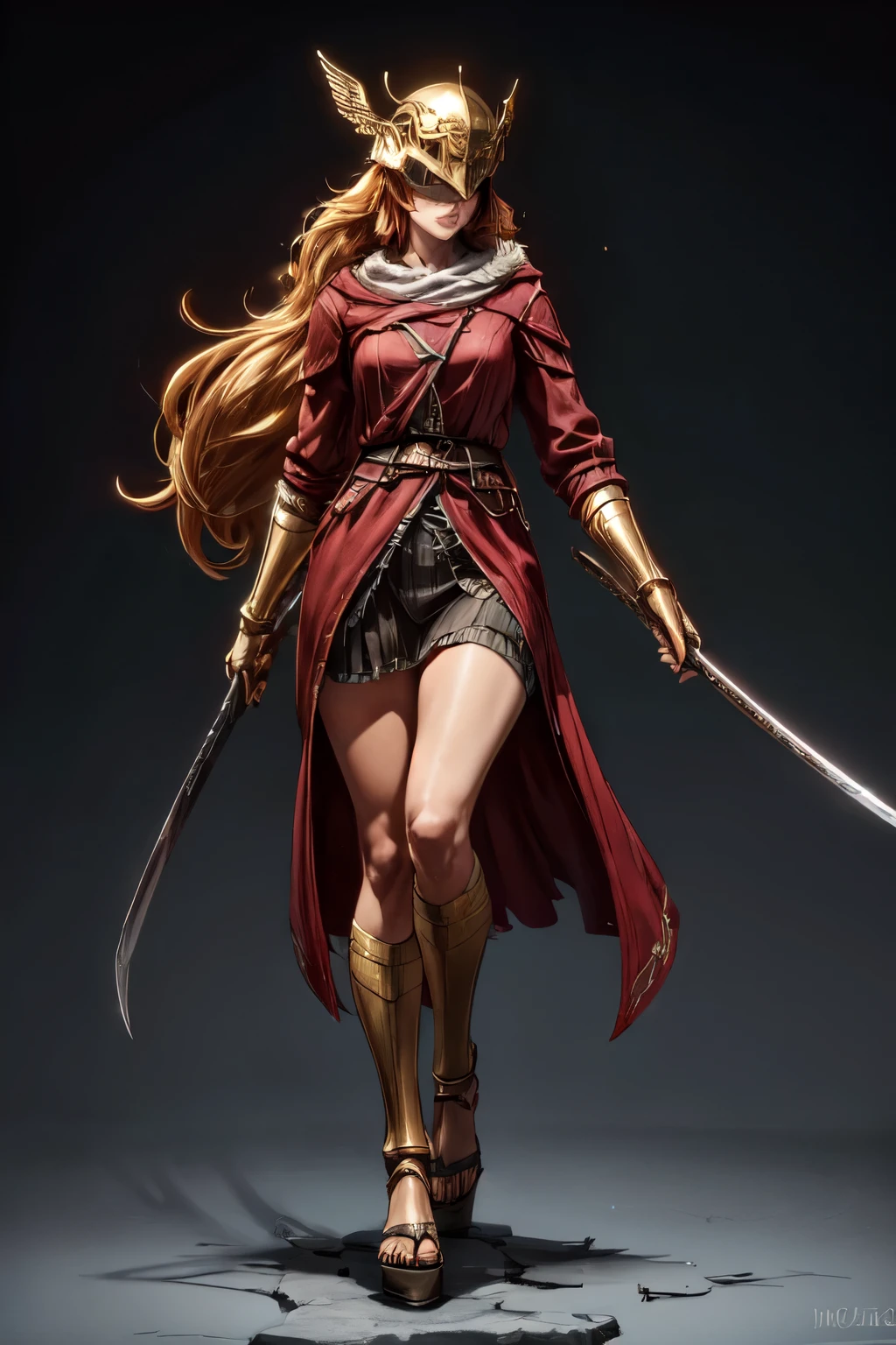 ( masterpiece , 8k, 4K, background, dynamic shading, best quality, absurdres:1.4) beautiful hands, Perfect Hands, maduro, milf (mature mother), Sensual, (huge :1.1) small, Miquella's blade , very long red hair, helmet over her eyes , red coat, Golden Arm , flowing garments, sandals, holding a long katana , gold greaves , basic,, blonde, baixinha e com basic brancas, short golden aureoles