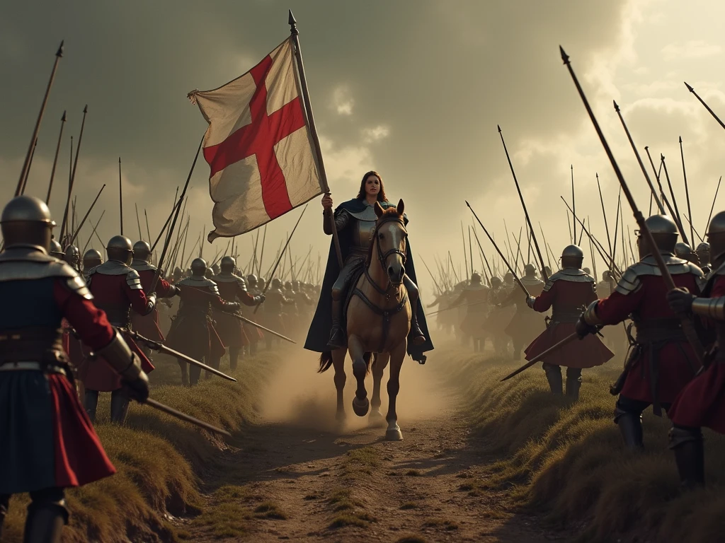Medieval army,Flags flutter in the sky,Everyone is watching