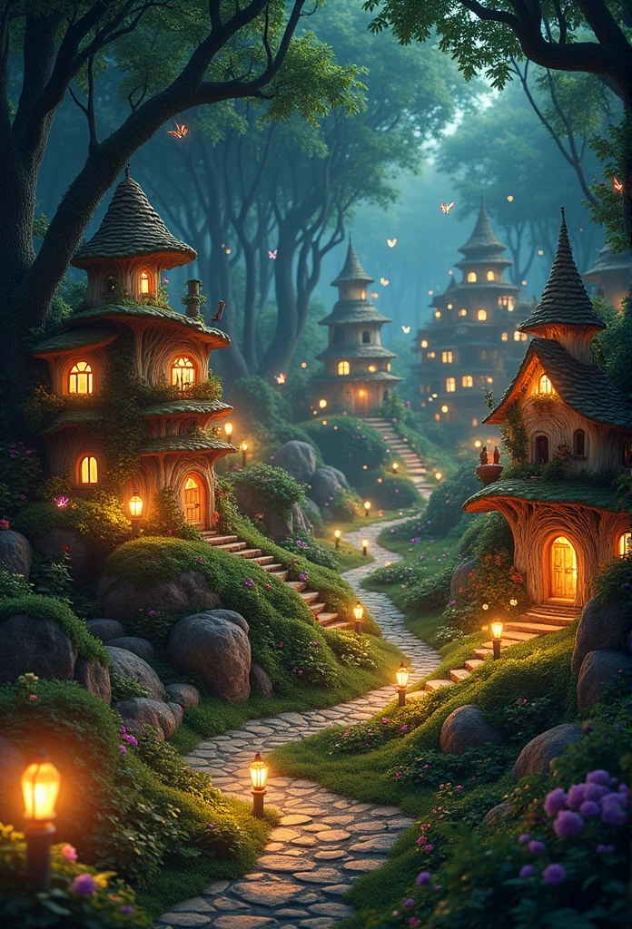 ((masterpiece)) ((photography)) ((Highest quality)) Create a photorealistic fairy village with vibrant colors and intricate details of light and shadow. The village is nestled in a lush forest, with delicate, glowing fairy houses made of natural elements like mushrooms, flowers, and tree bark. The soft glow of lanterns illuminates the pathways, casting long, intricate shadows on the ground. The trees surrounding the village are large and ancient, with their branches creating a canopy above. Magical creatures like glowing butterflies and sparkling fireflies add to the enchanting atmosphere. The scene is full of life, capturing the beauty and whimsy of this mystical world.