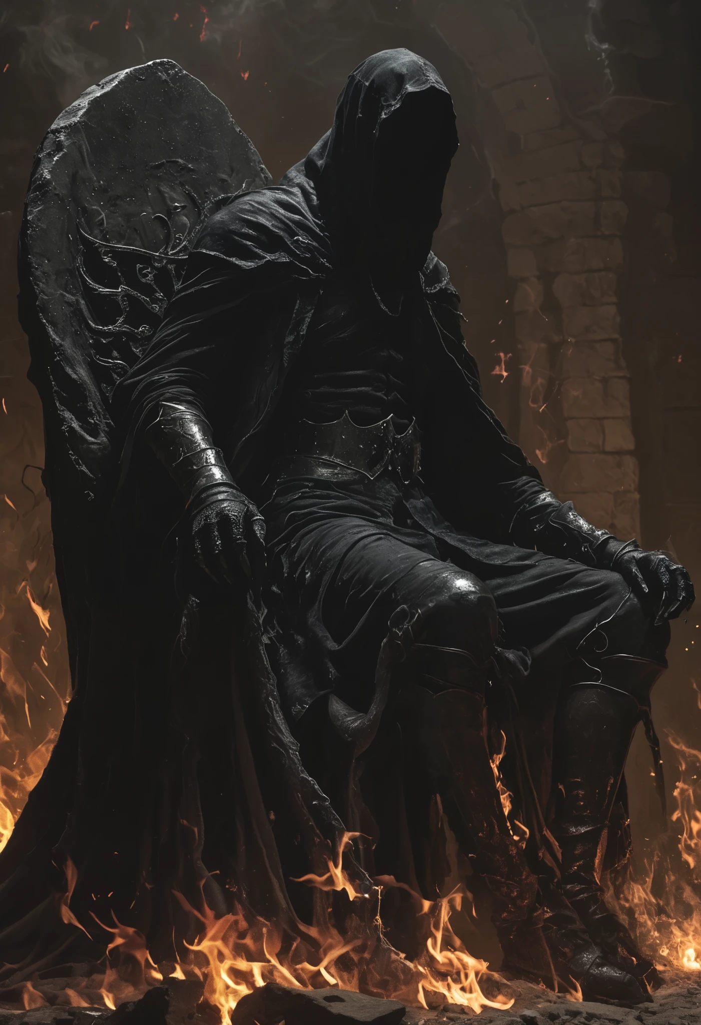 1 ,  black sweatshirt ,  Black Pants ,  Looking at Satan on a throne from the ground, Hellfire in the background 